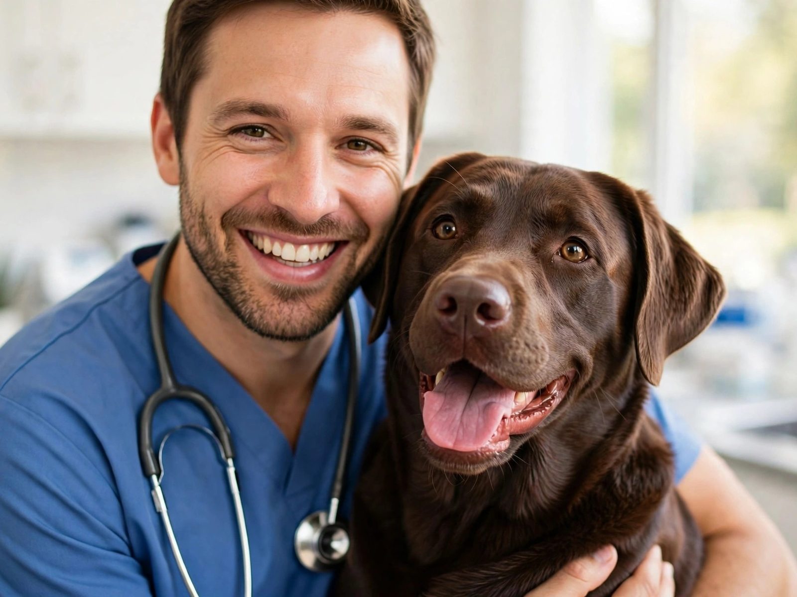 A veterinarian smiling with a chocolate Labrador