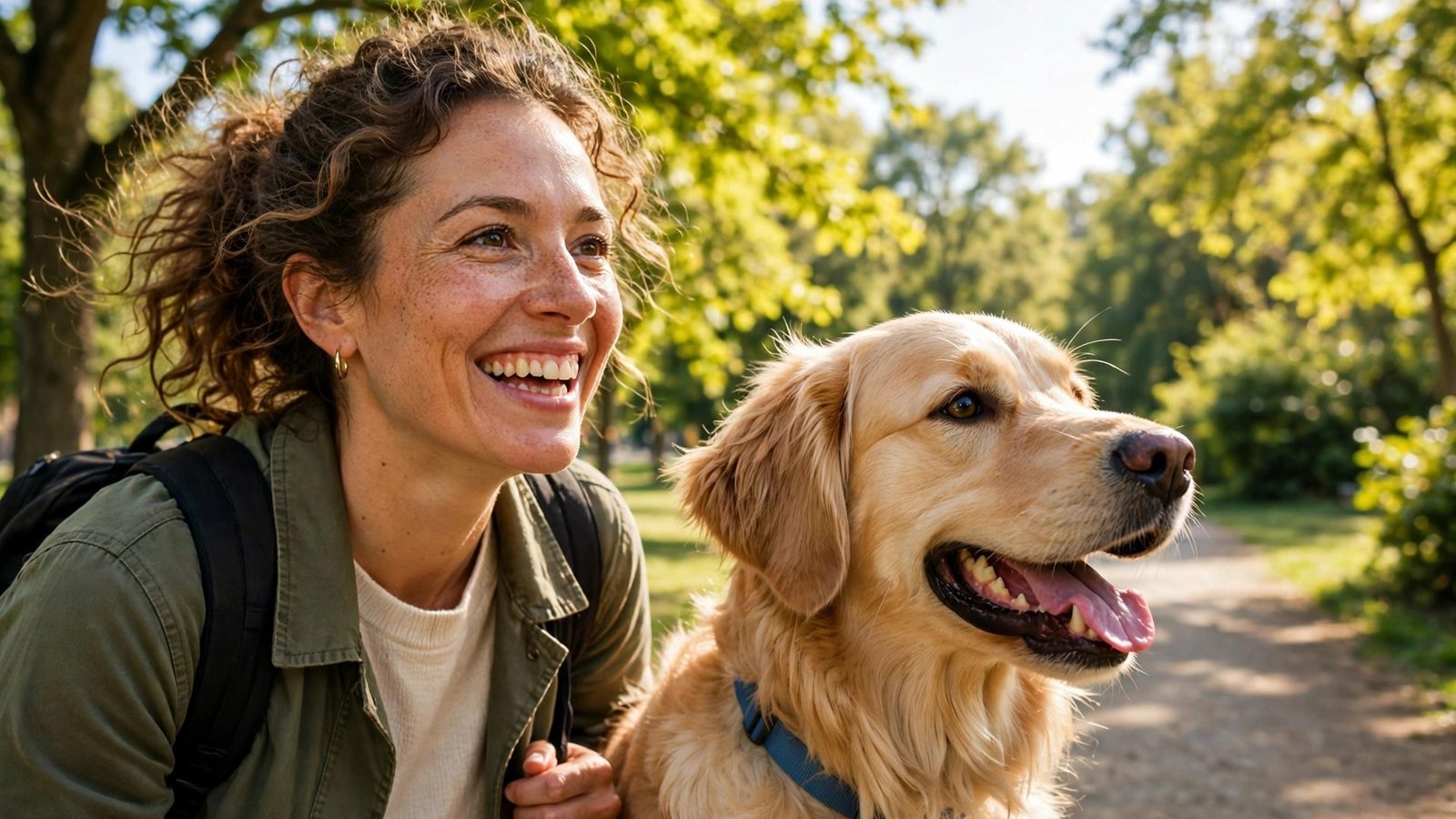 A laughing pet parent in the park with her golden retriever